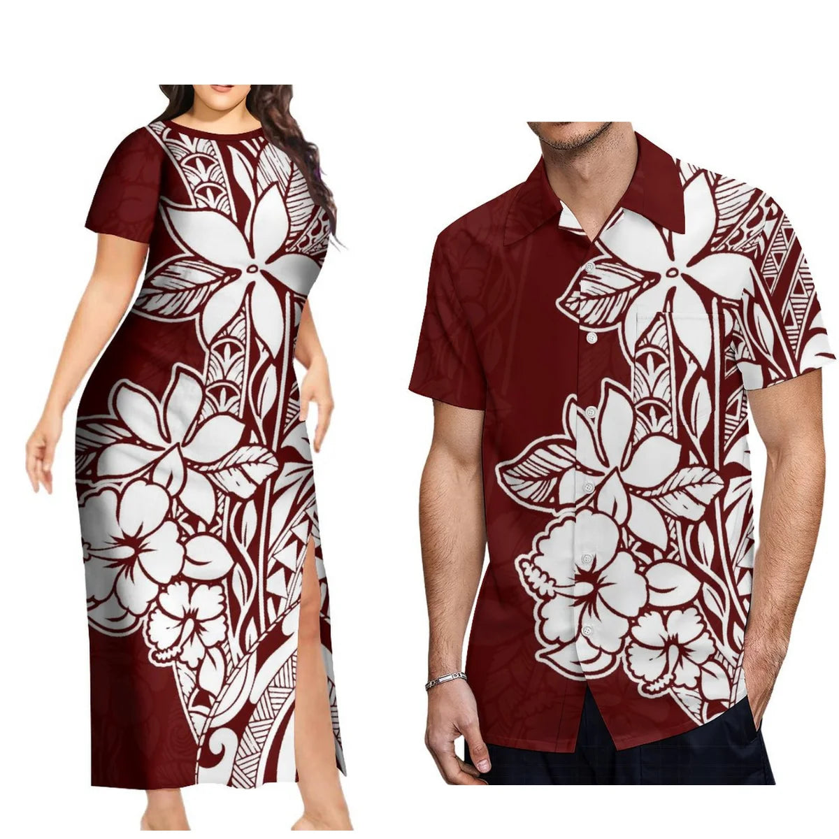 New Design Fashion Couple Set Aloha Shirt For Men And Slit Long Skirt For Women Quality Dress Polynesian Island