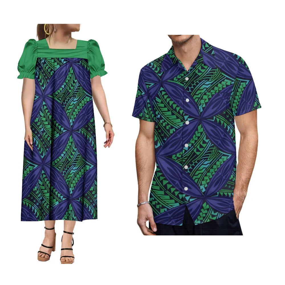Polynesian Islands Hd Print Fashion Wear Mumu Women'S Square Neck Puffy Sleeve Dress With Summer Men'S Aloha Shirt