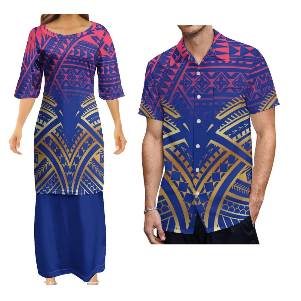Fashion Island Couple Outfit Puletasi Set Hawaiian Floral Print Women'S Dress Polynesian Pop Samoa Logo Custom Men'S Aloha Shirt