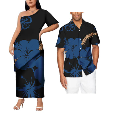 Plus Size Custom Couple Of Set Puletasi Samoa 2Pcs Dress And Hawaii Men's Aloha Shirts Polynesian Island His And Hers Clothes