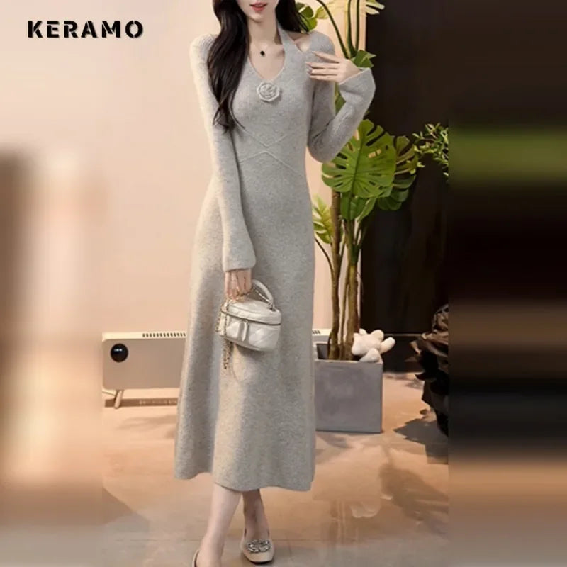 Women's Black Midi Dress - Budget-Friendly High Waist V-Neck Long Sleeve