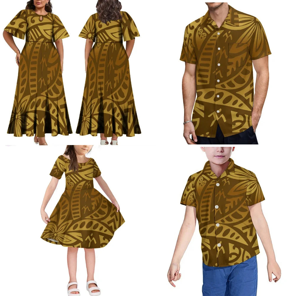 Polynesian Islands New Printed Women'S Dress Fiji Tonga Tribe Family Set Hawaii Men'S Aloha Shirt Adult Children'S Clothing