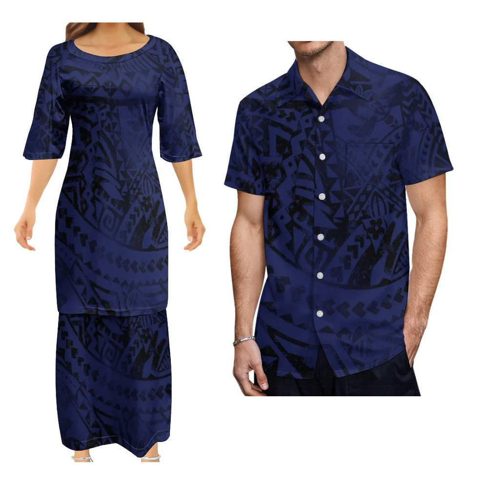 Fashion Island Couple Outfit Puletasi Set Hawaiian Floral Print Women'S Dress Polynesian Pop Samoa Logo Custom Men'S Aloha Shirt