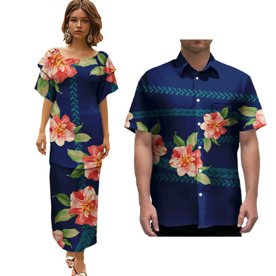 Hot Selling Pacific Island Art Trendy Lady Puletasi Dresses and Men Aloha Shirt Polynesian Tribal Couple Suit