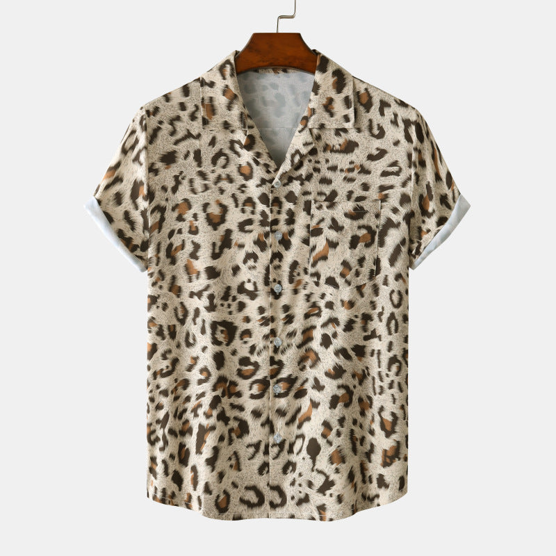 Summer New Hawaii Beach Cuban Collar Ice Silk Digital Printing Leopard Print Short Sleeve Flower Shirt