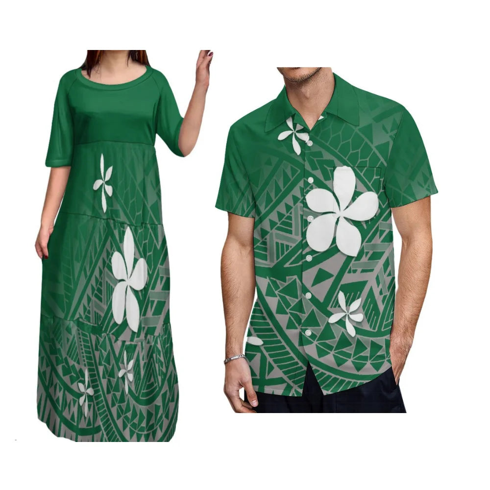 Island-Style Couple Set Elegant Women'S Crew-Neck Tiered Dress Full Skirt With Men'S Aloha Shirt Polynesian Island Design