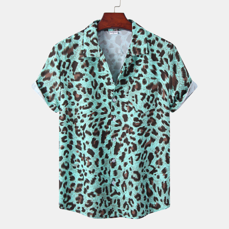 Summer New Hawaii Beach Cuban Collar Ice Silk Digital Printing Leopard Print Short Sleeve Flower Shirt