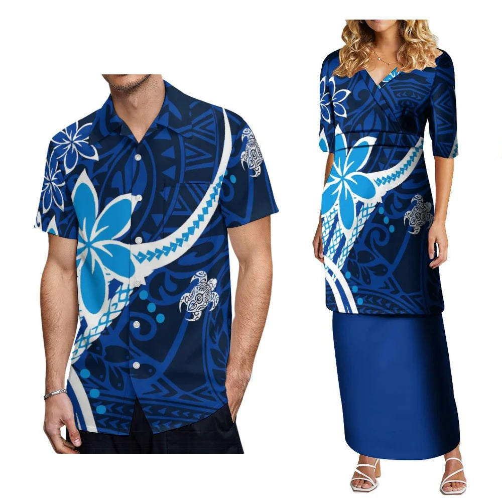 2024 Women'S High-Waisted Dress Puletasi Top And Maxi Pacific Island Holiday Party Outfit Matching Hawaiian Men'S Aloha Shirt