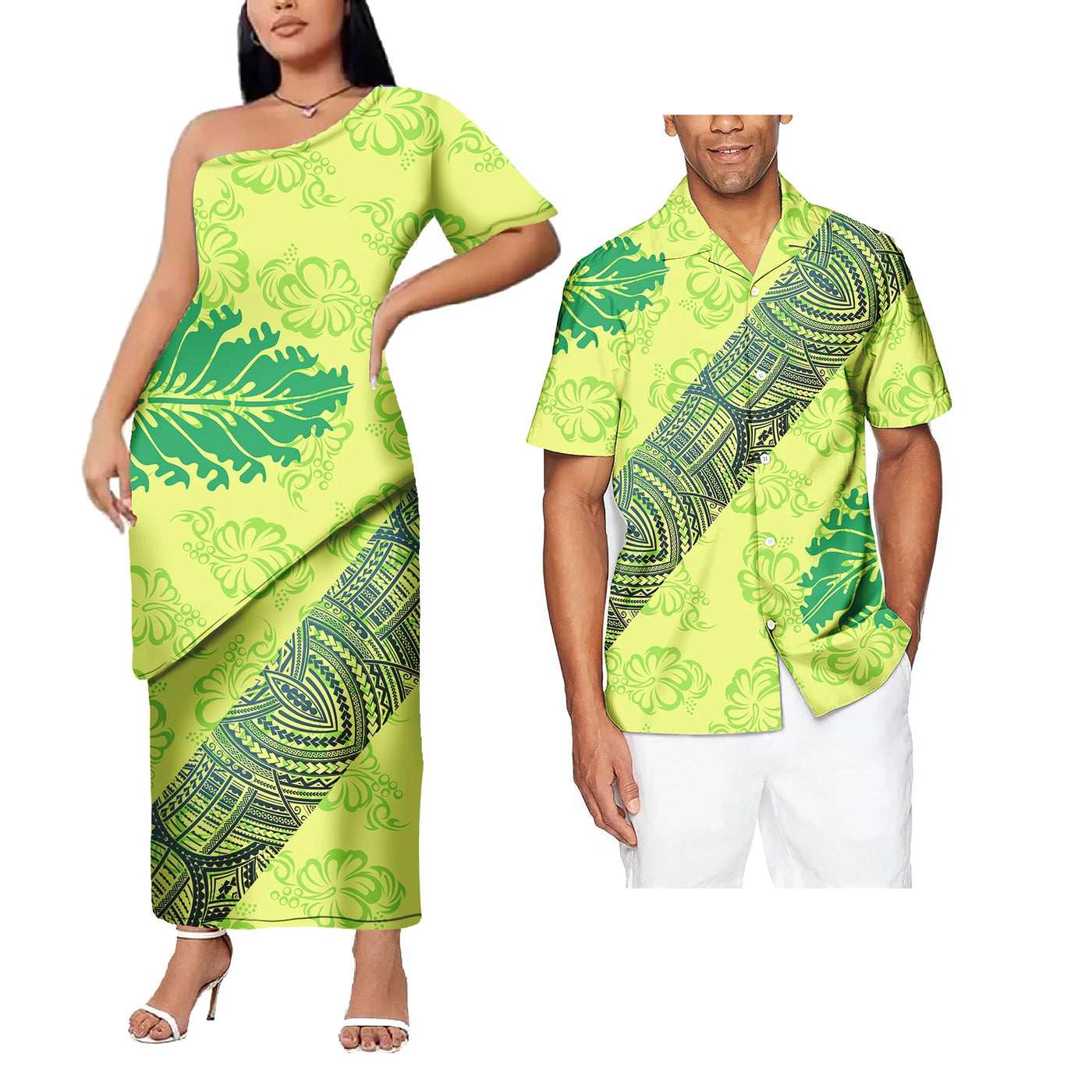 Plus Size Custom Couple Of Set Puletasi Samoa 2Pcs Dress And Hawaii Men's Aloha Shirts Polynesian Island His And Hers Clothes