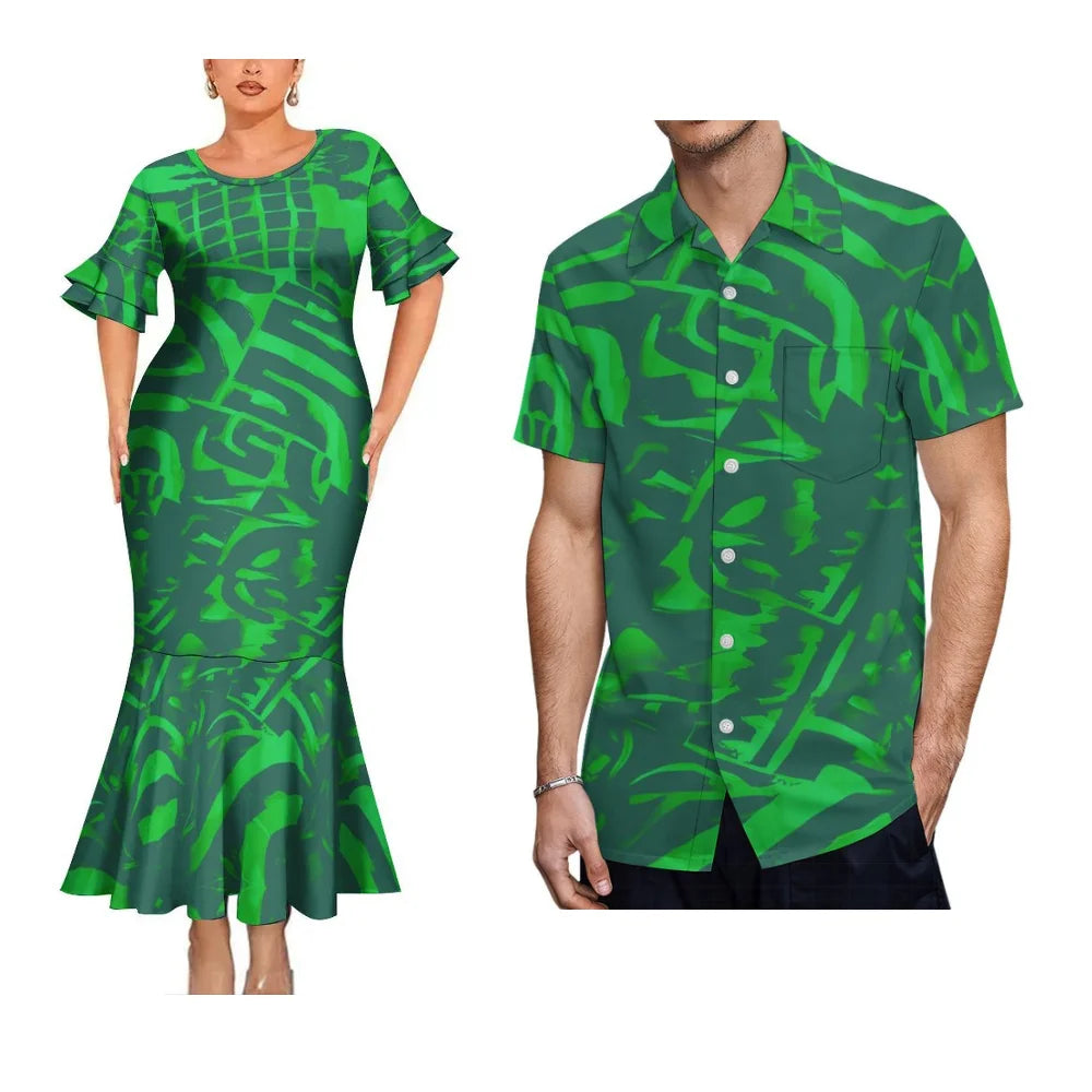 Island Style Couple Set Samoan Art Design Women'S Crew-Neck Fishtail Dress And Pacific Island Art Print Men'S Aloha Shirt