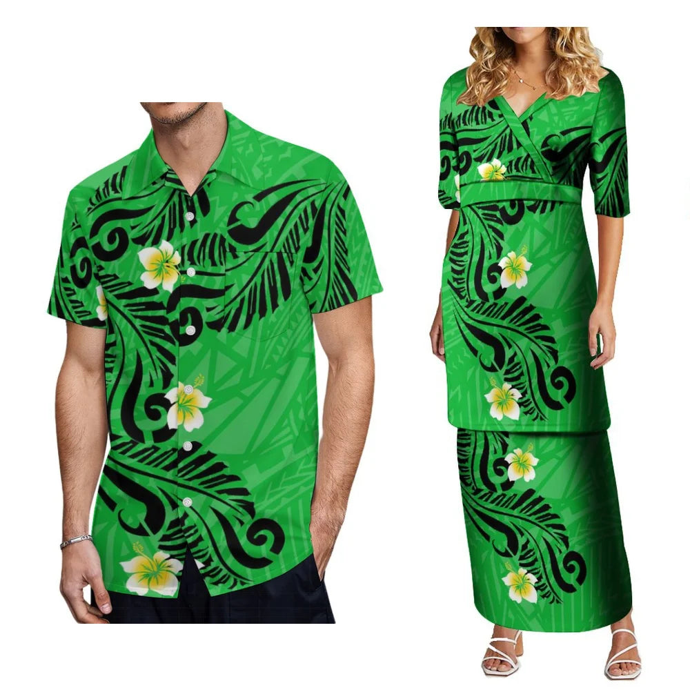 2024 Women'S High-Waisted Dress Puletasi Top And Maxi Pacific Island Holiday Party Outfit Matching Hawaiian Men'S Aloha Shirt