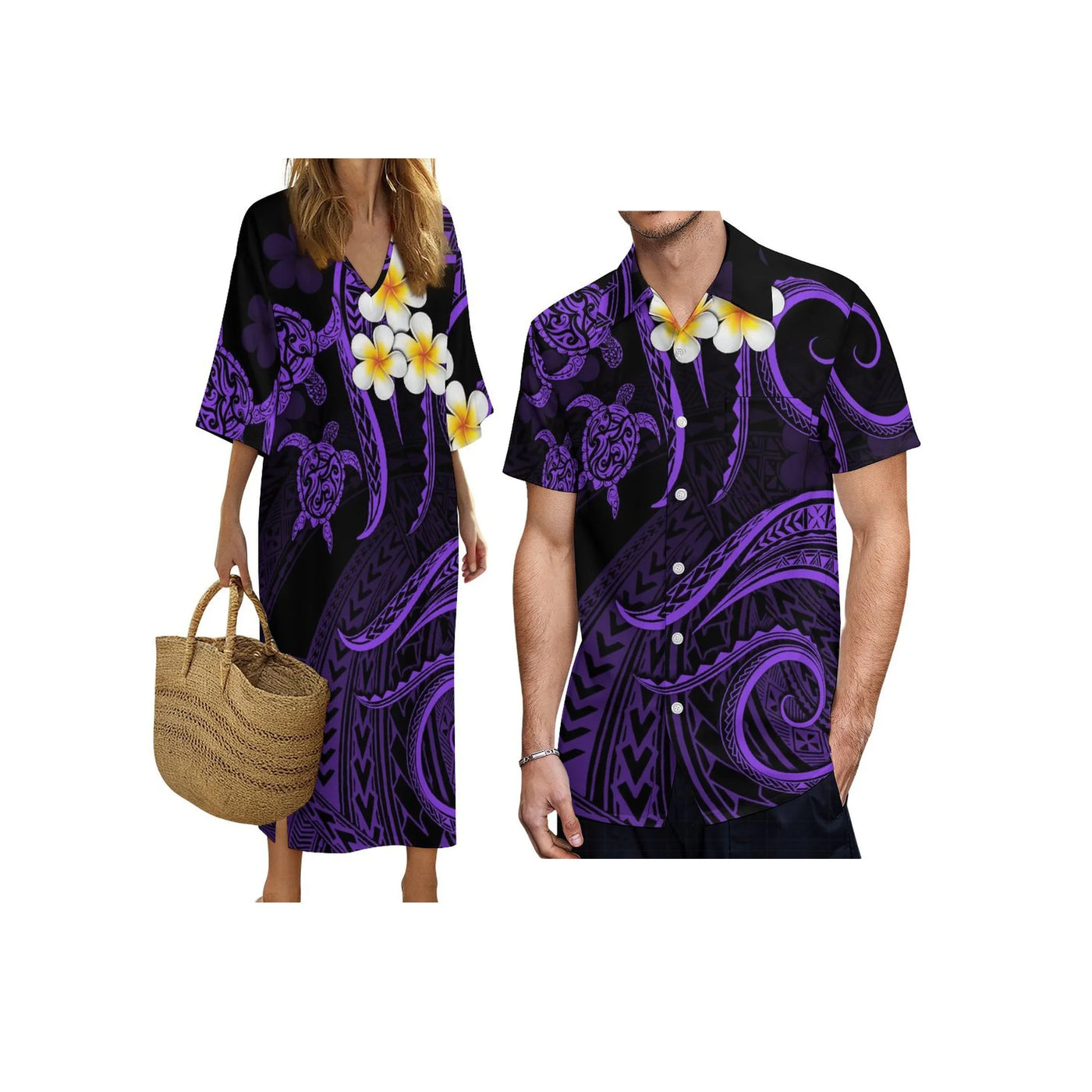 New Print on Demand Custom Polynesian Island Design V Neck Ladies Dress Matching Aloha Men Short Sleeve Shirts Couple Clothing