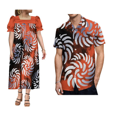 Polynesian Islands Hd Print Fashion Wear Mumu Women'S Square Neck Puffy Sleeve Dress With Summer Men'S Aloha Shirt