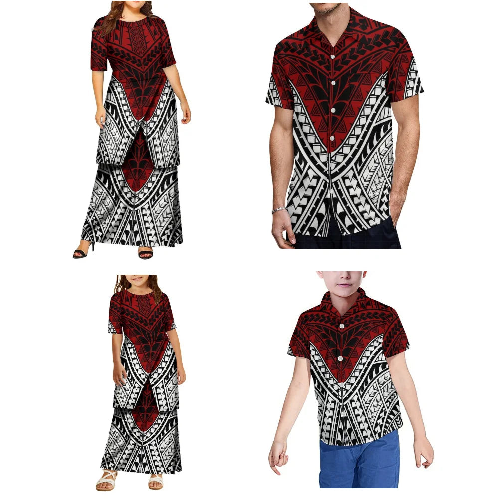 New Design Women And Girls' Round-Neck Puletasi Two-Piece Dress Set Polynesian Island Design Men'S Aloha Shirt Family Set