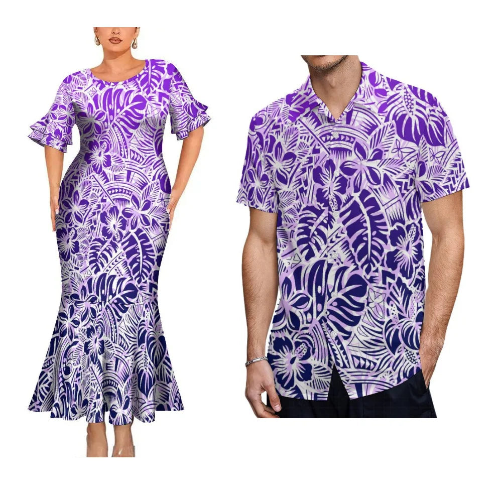 Island Style Couple Set Samoan Art Design Women'S Crew-Neck Fishtail Dress And Pacific Island Art Print Men'S Aloha Shirt