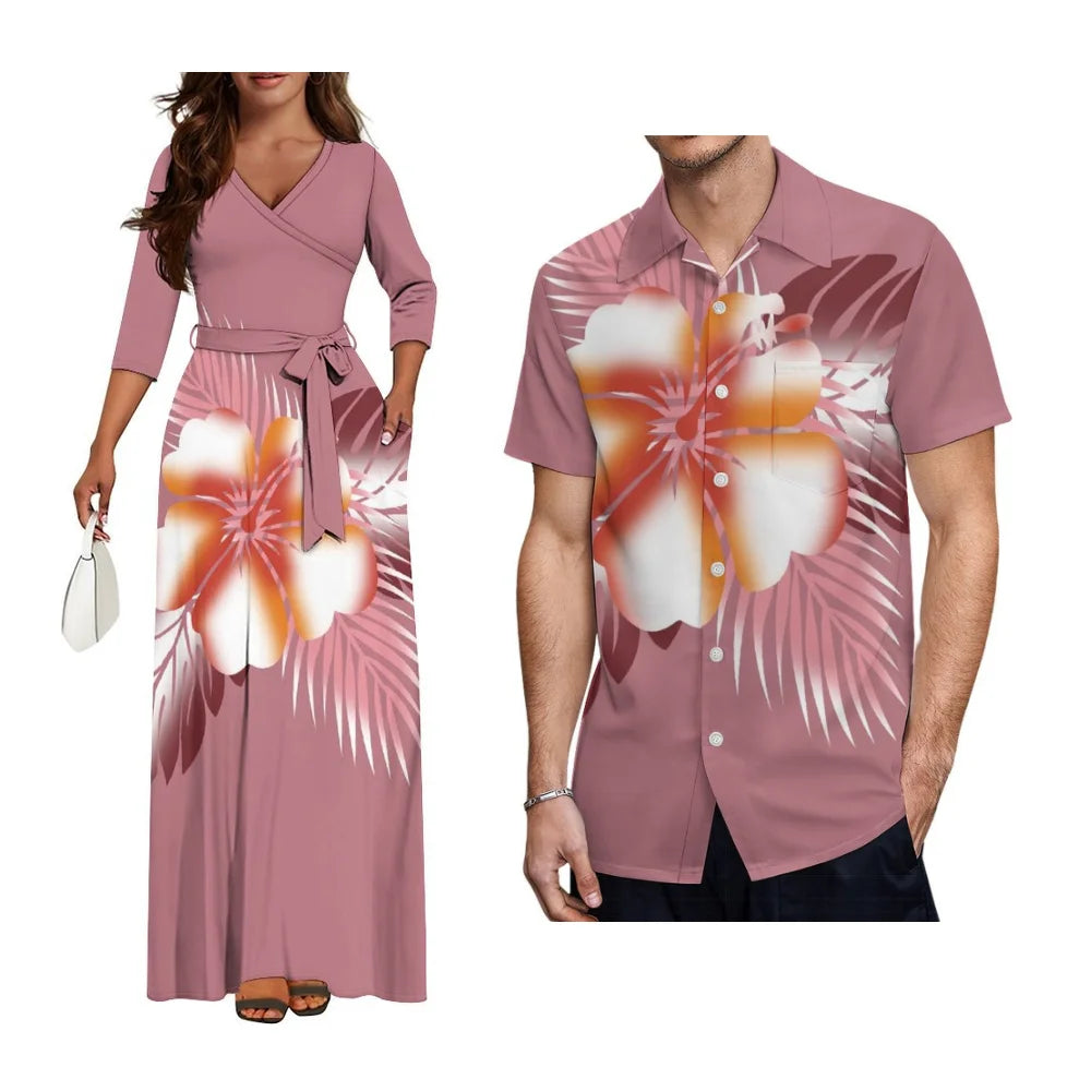 High-Quality New Design Couple Set Slim-Fitting Half-Sleeve Women'S Dress Polynesian Island Custom Men'S Aloha Shirt