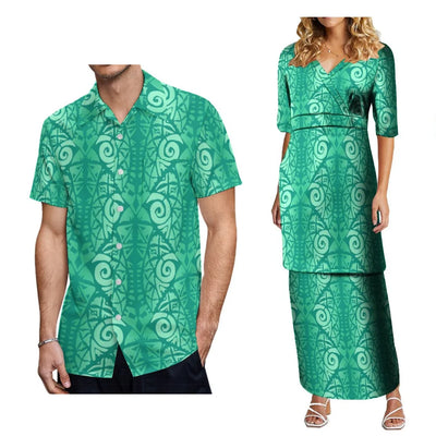 2024 Women'S High-Waisted Dress Puletasi Top And Maxi Pacific Island Holiday Party Outfit Matching Hawaiian Men'S Aloha Shirt