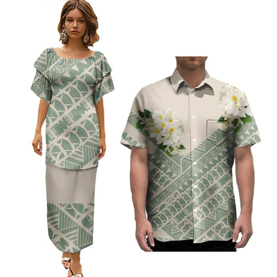 Hot Selling Pacific Island Art Trendy Lady Puletasi Dresses and Men Aloha Shirt Polynesian Tribal Couple Suit