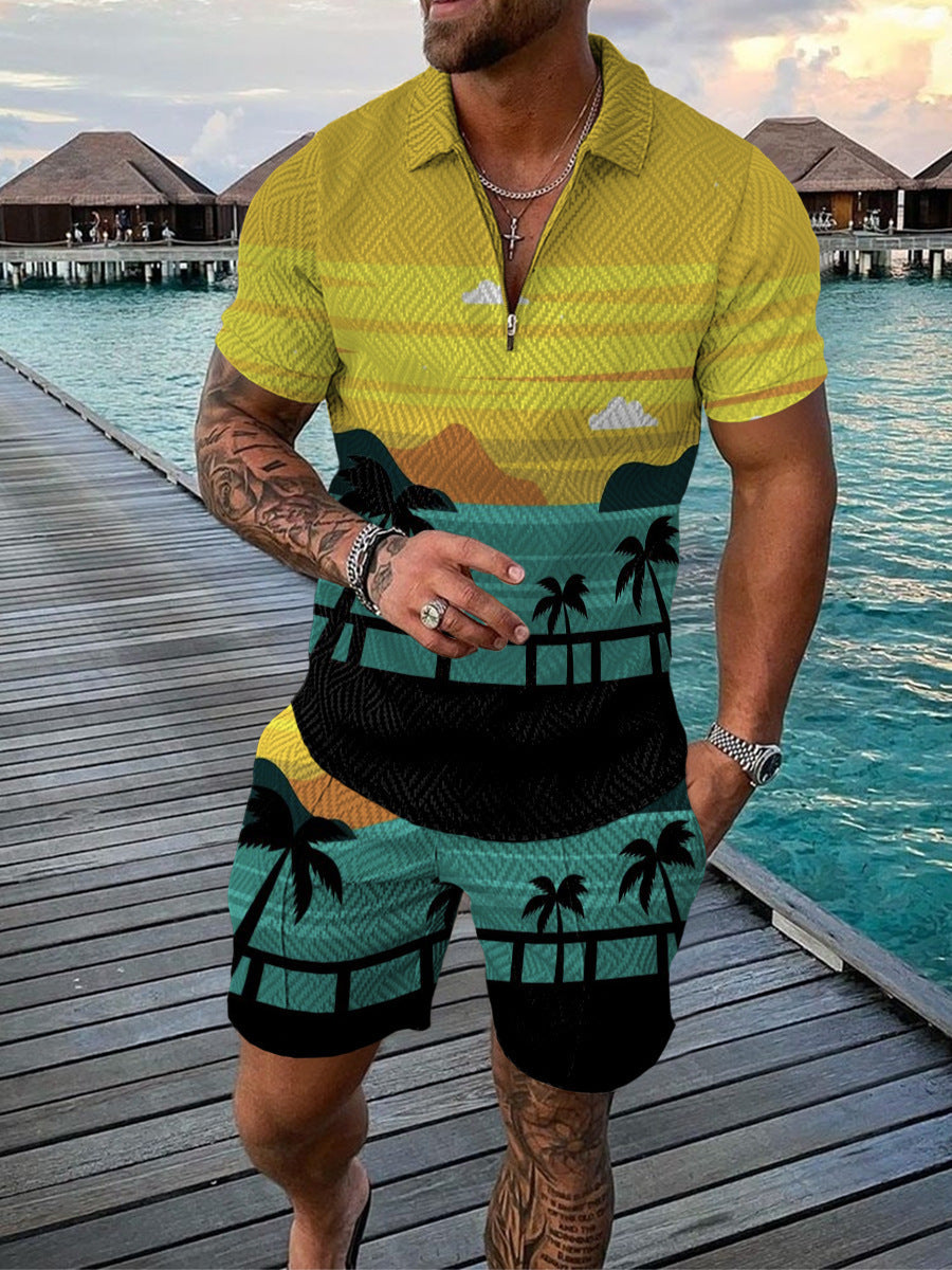 Cross-border Platform Summer 3D Printed Polo Short-sleeved Shorts Suit European And American Style Men's Hawaii 2-piece Set