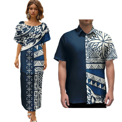 Hot Selling Pacific Island Art Trendy Lady Puletasi Dresses and Men Aloha Shirt Polynesian Tribal Couple Suit