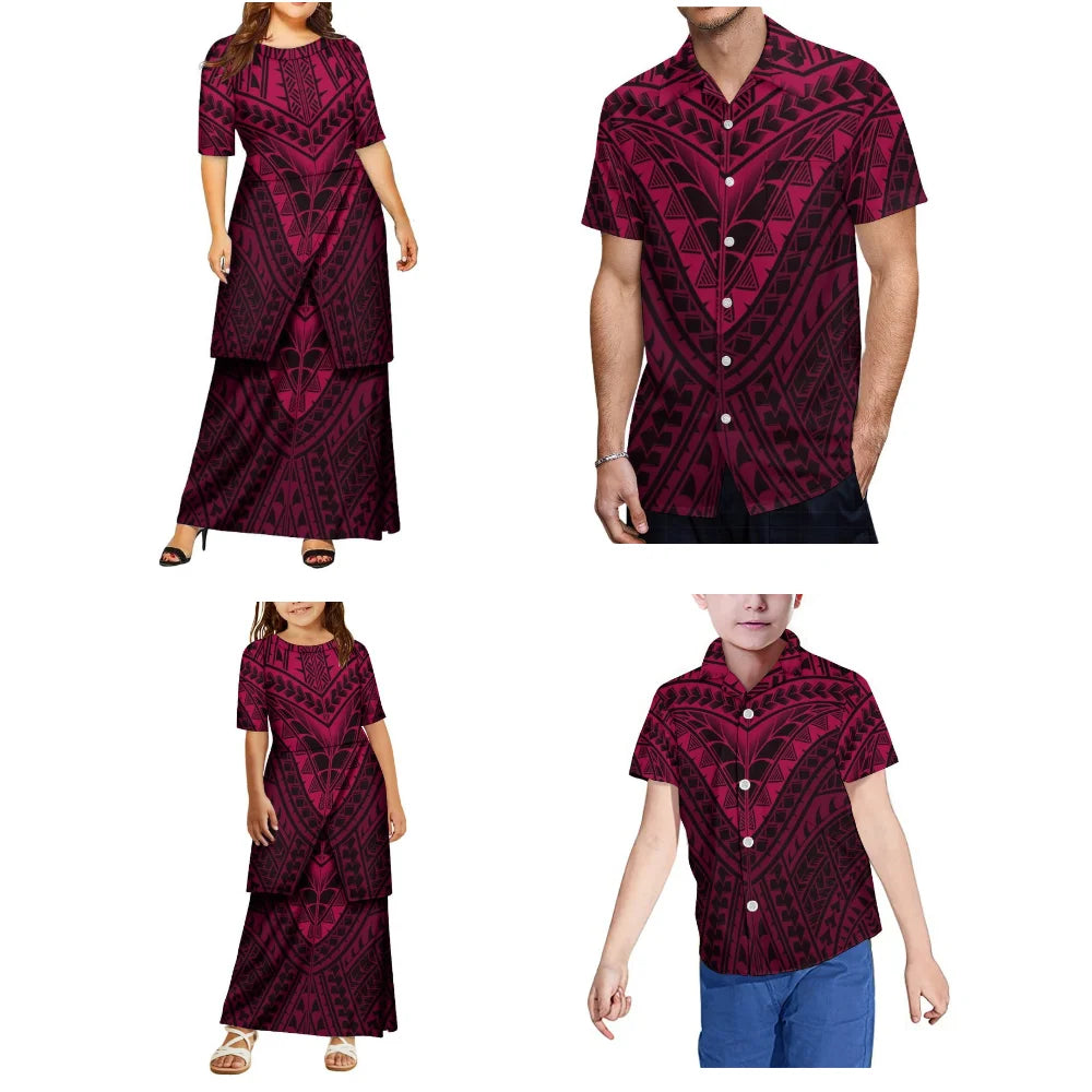 New Design Women And Girls' Round-Neck Puletasi Two-Piece Dress Set Polynesian Island Design Men'S Aloha Shirt Family Set