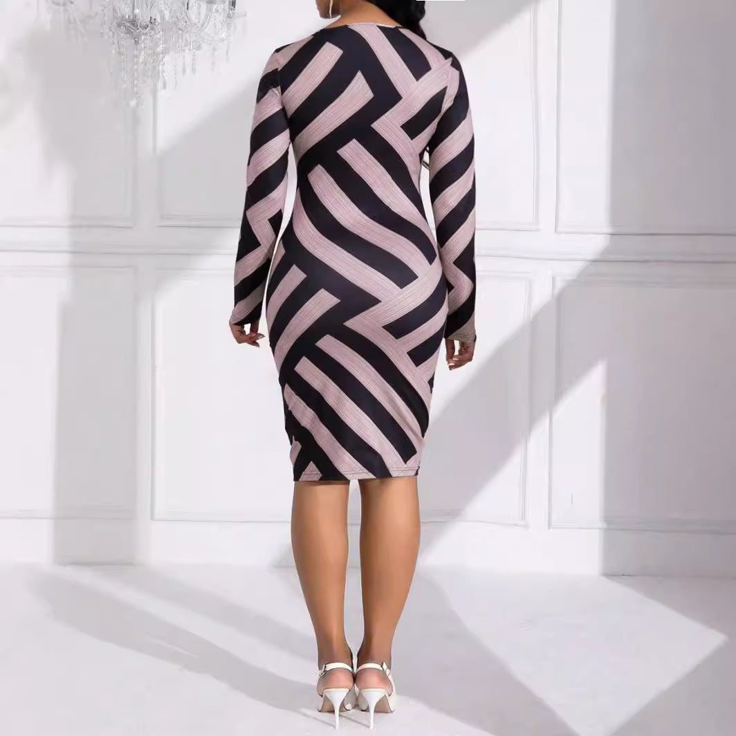 Plus Size Striped Commuter Sheath Round Neck Design Sense Dress