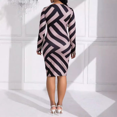 Plus Size Striped Commuter Sheath Round Neck Design Sense Dress