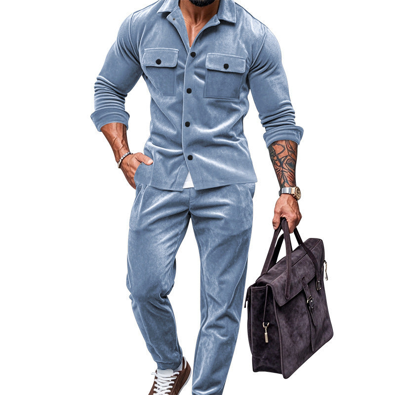 Men's Suede Solid Color Single-breasted Tooling Cardigan Two-piece Set